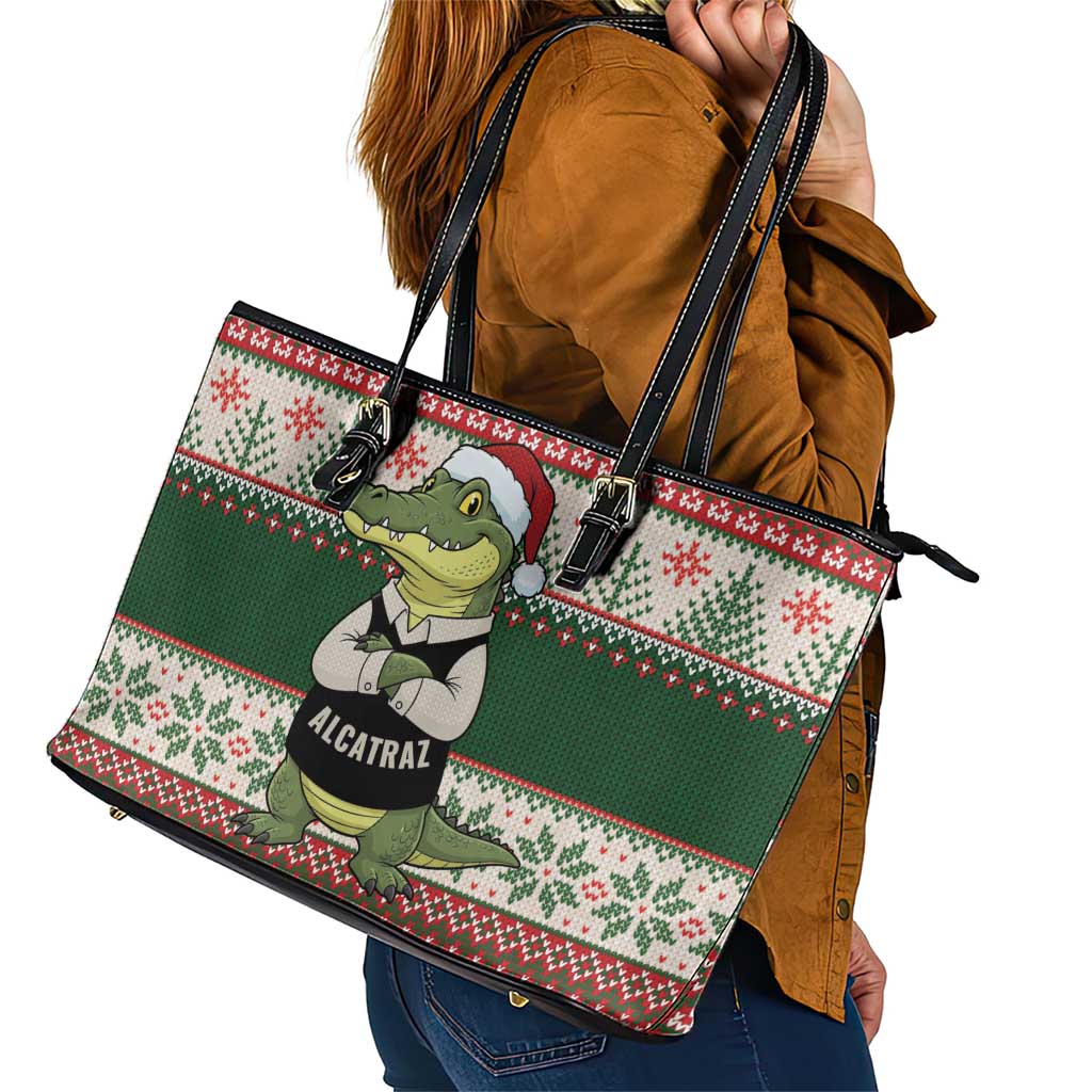 Funny Christmas Alligator Santa Leather Tote Bag Knitted Pattern - Wonder Print Shop