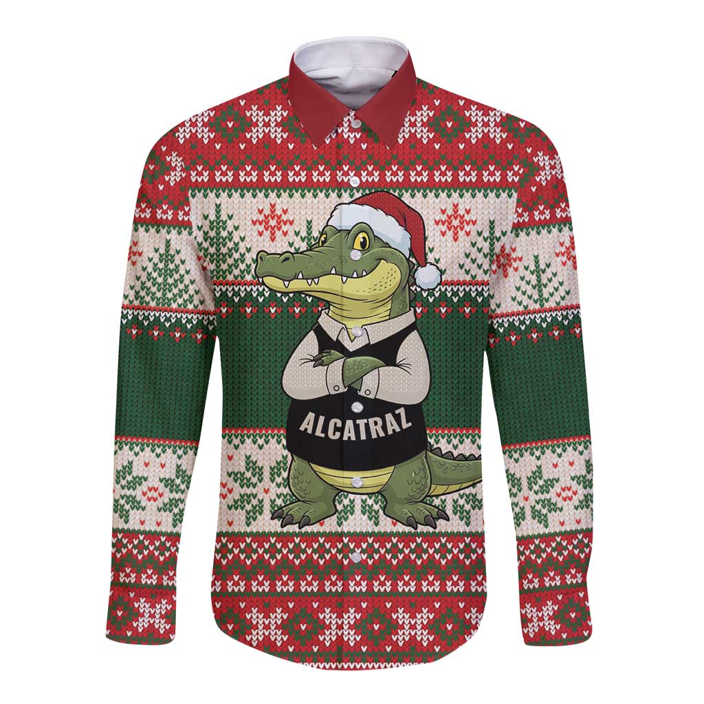 Funny Christmas Alligator Santa Long Sleeve Button Shirt Knitted Pattern - Wonder Print Shop