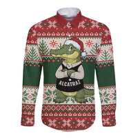 Funny Christmas Alligator Santa Long Sleeve Button Shirt Knitted Pattern - Wonder Print Shop