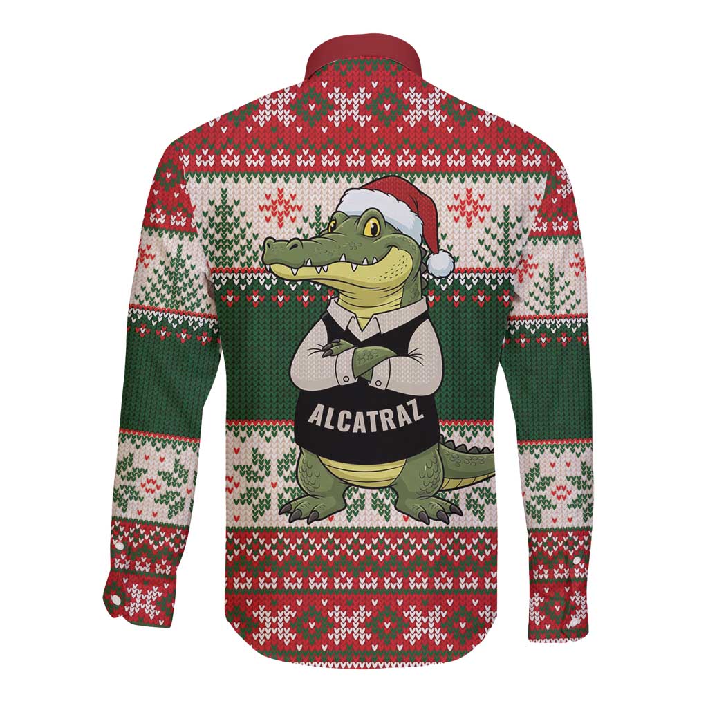 Funny Christmas Alligator Santa Long Sleeve Button Shirt Knitted Pattern - Wonder Print Shop