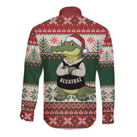 Funny Christmas Alligator Santa Long Sleeve Button Shirt Knitted Pattern - Wonder Print Shop