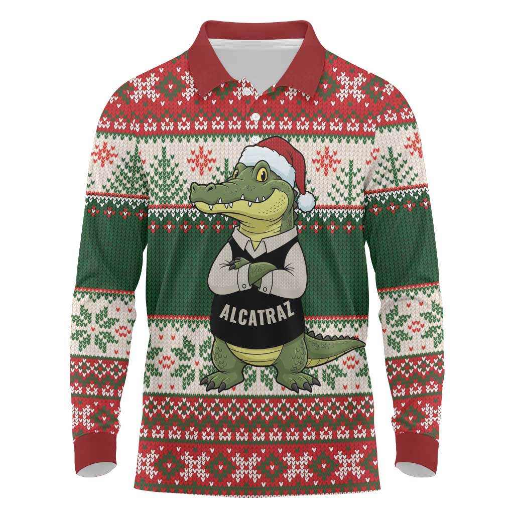Funny Christmas Alligator Santa Long Sleeve Polo Shirt Knitted Pattern - Wonder Print Shop