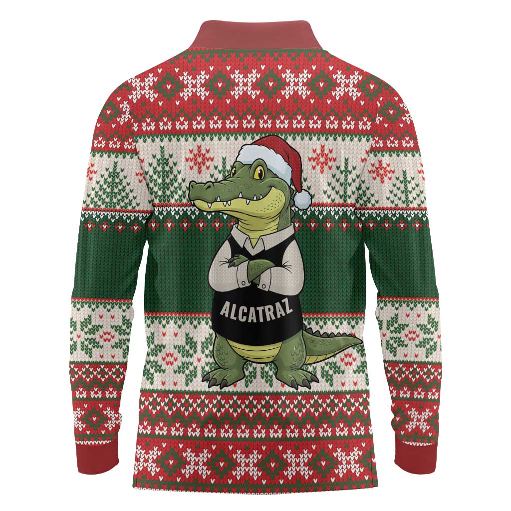 Funny Christmas Alligator Santa Long Sleeve Polo Shirt Knitted Pattern - Wonder Print Shop