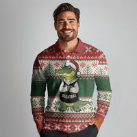 Funny Christmas Alligator Santa Long Sleeve Polo Shirt Knitted Pattern - Wonder Print Shop