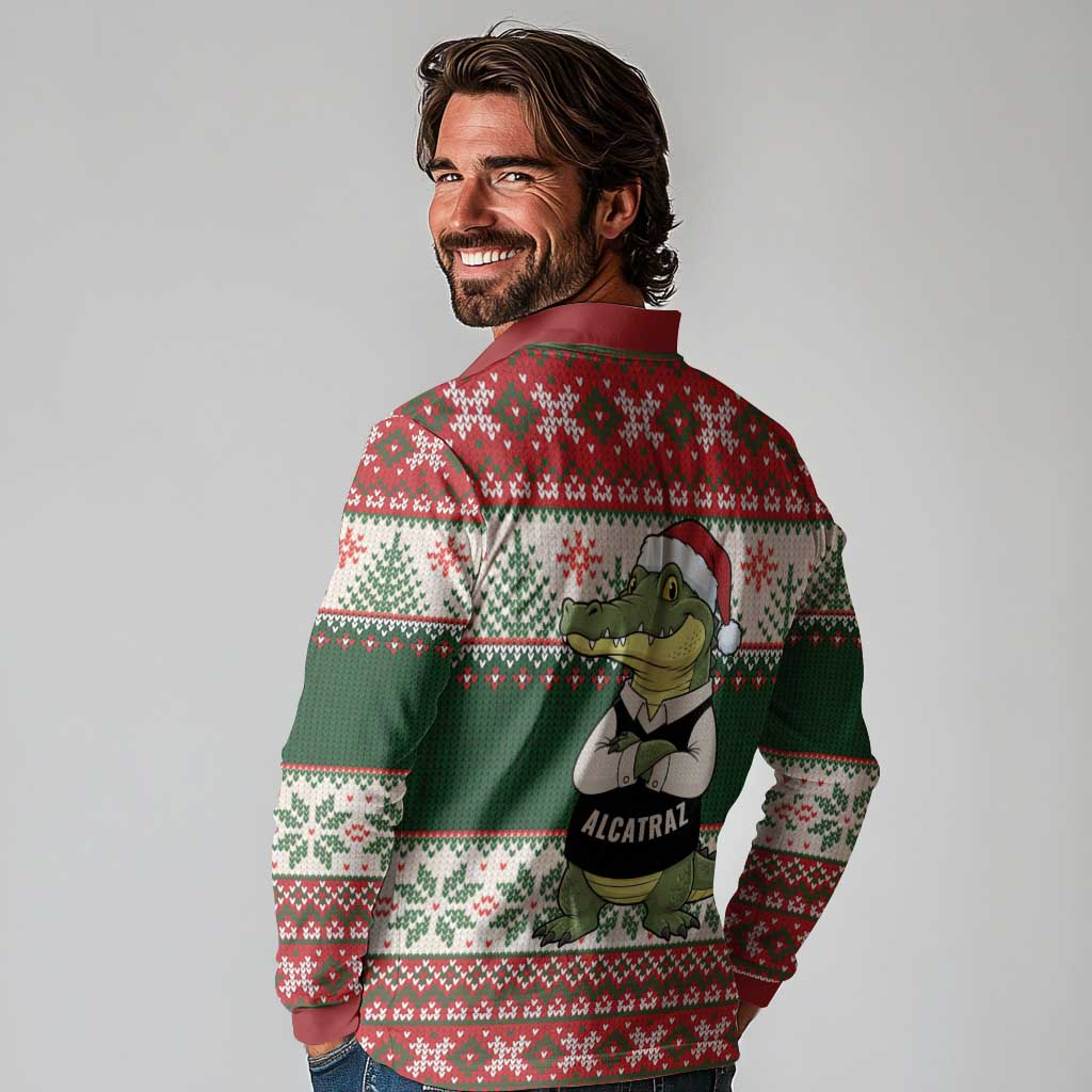 Funny Christmas Alligator Santa Long Sleeve Polo Shirt Knitted Pattern - Wonder Print Shop