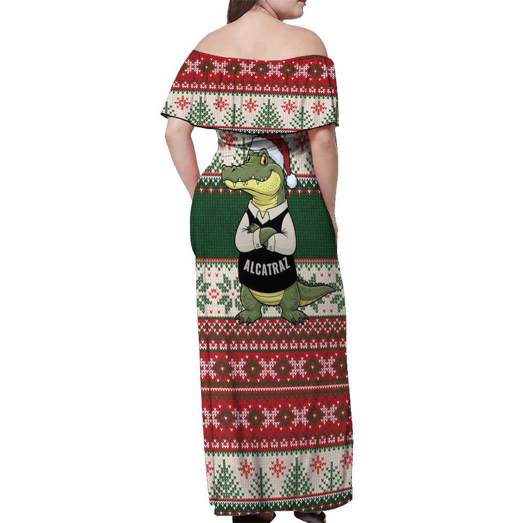 Funny Christmas Alligator Santa Off Shoulder Maxi Dress Knitted Pattern - Wonder Print Shop