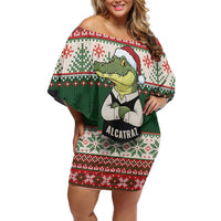 Funny Christmas Alligator Santa Off Shoulder Short Dress Knitted Pattern - Wonder Print Shop