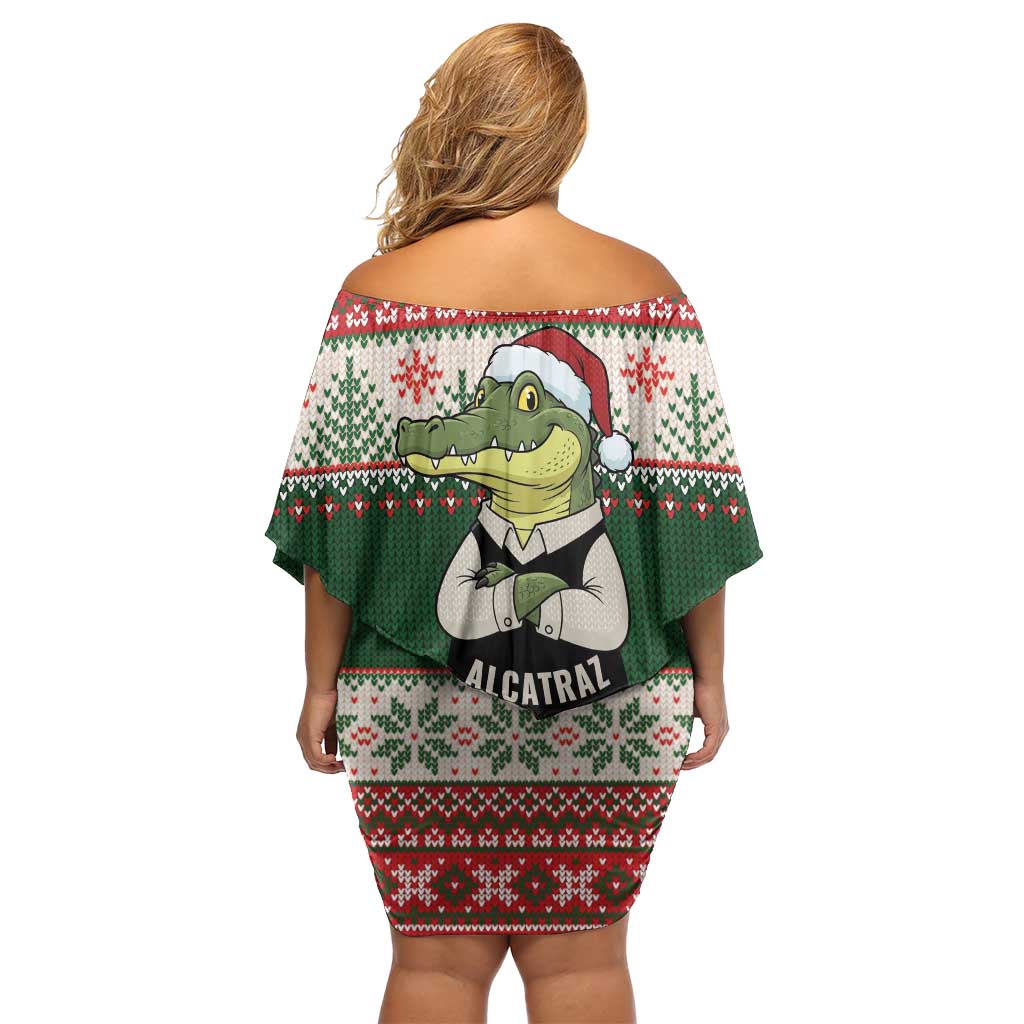 Funny Christmas Alligator Santa Off Shoulder Short Dress Knitted Pattern - Wonder Print Shop