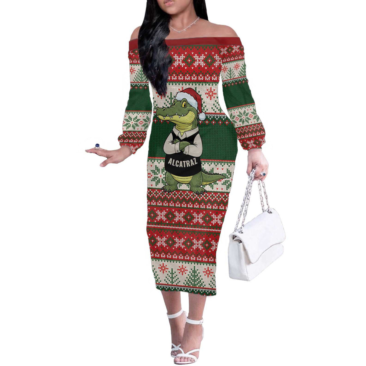 Funny Christmas Alligator Santa Off The Shoulder Long Sleeve Dress Knitted Pattern - Wonder Print Shop
