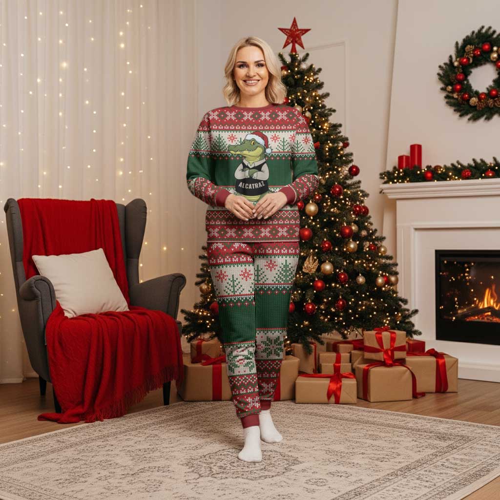 Funny Christmas Alligator Santa Christmas Pajama Set Knitted Pattern - Wonder Print Shop