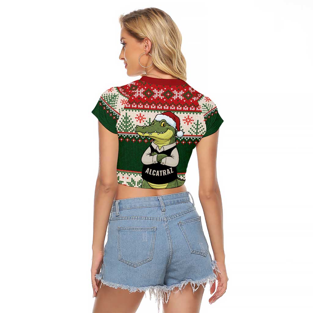 Funny Christmas Alligator Santa Raglan Cropped T Shirt Knitted Pattern - Wonder Print Shop
