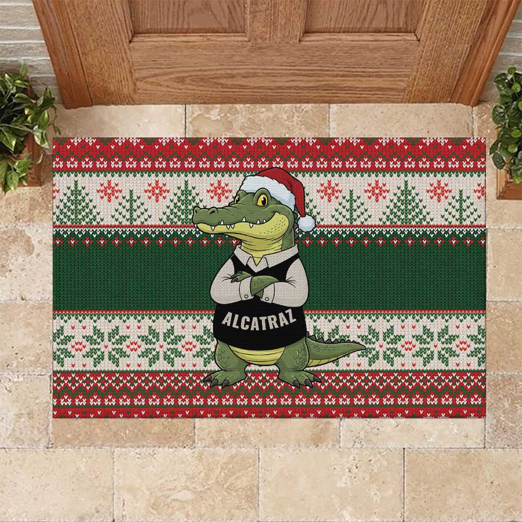 Funny Christmas Alligator Santa Rubber Doormat Knitted Pattern - Wonder Print Shop