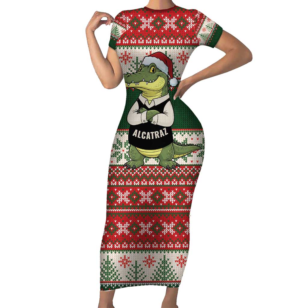 Funny Christmas Alligator Santa Short Sleeve Bodycon Dress Knitted Pattern - Wonder Print Shop