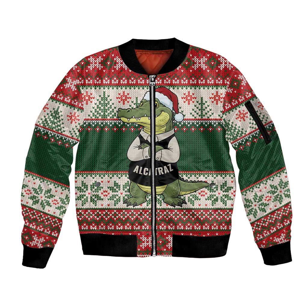 Funny Christmas Alligator Santa Sleeve Zip Bomber Jacket Knitted Pattern - Wonder Print Shop