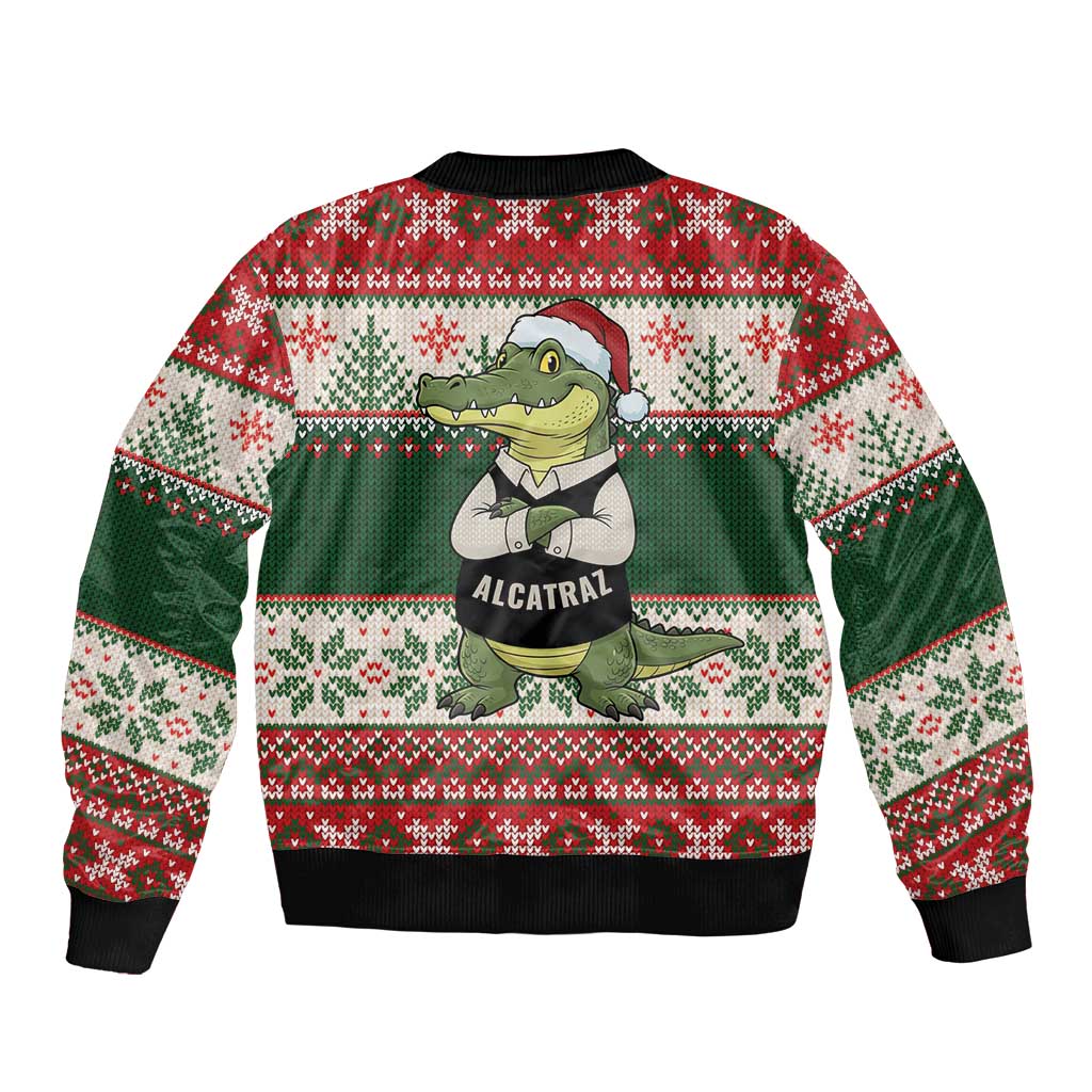 Funny Christmas Alligator Santa Sleeve Zip Bomber Jacket Knitted Pattern - Wonder Print Shop