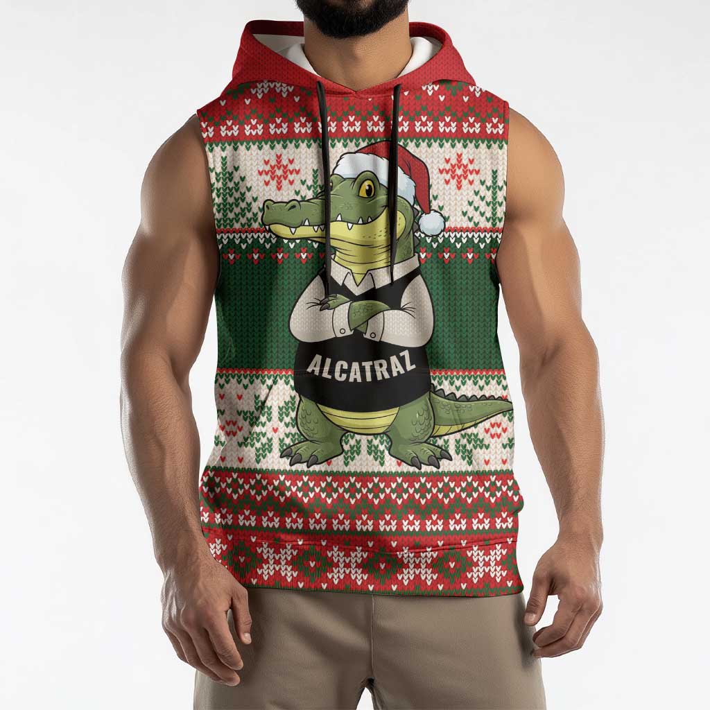 Funny Christmas Alligator Santa Sleeveless Hoodie Knitted Pattern - Wonder Print Shop