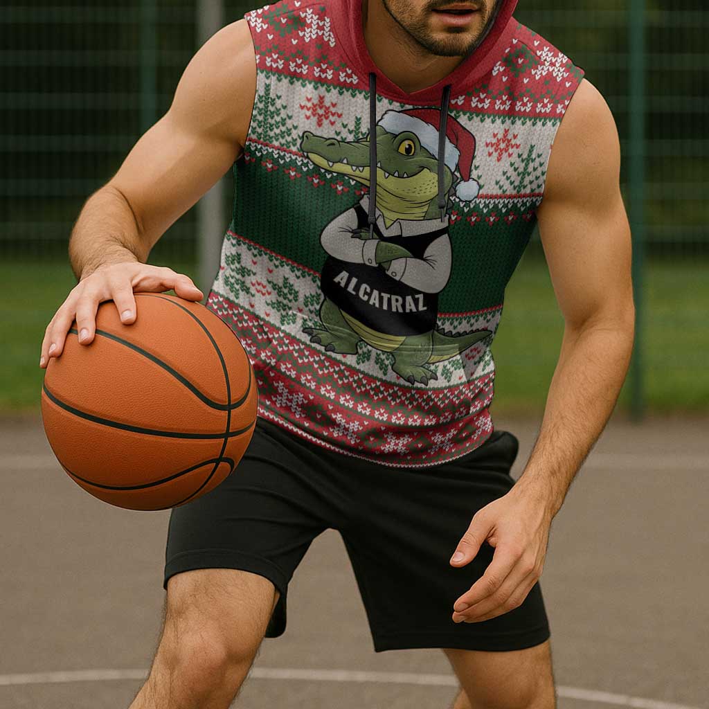 Funny Christmas Alligator Santa Sleeveless Hoodie Knitted Pattern - Wonder Print Shop