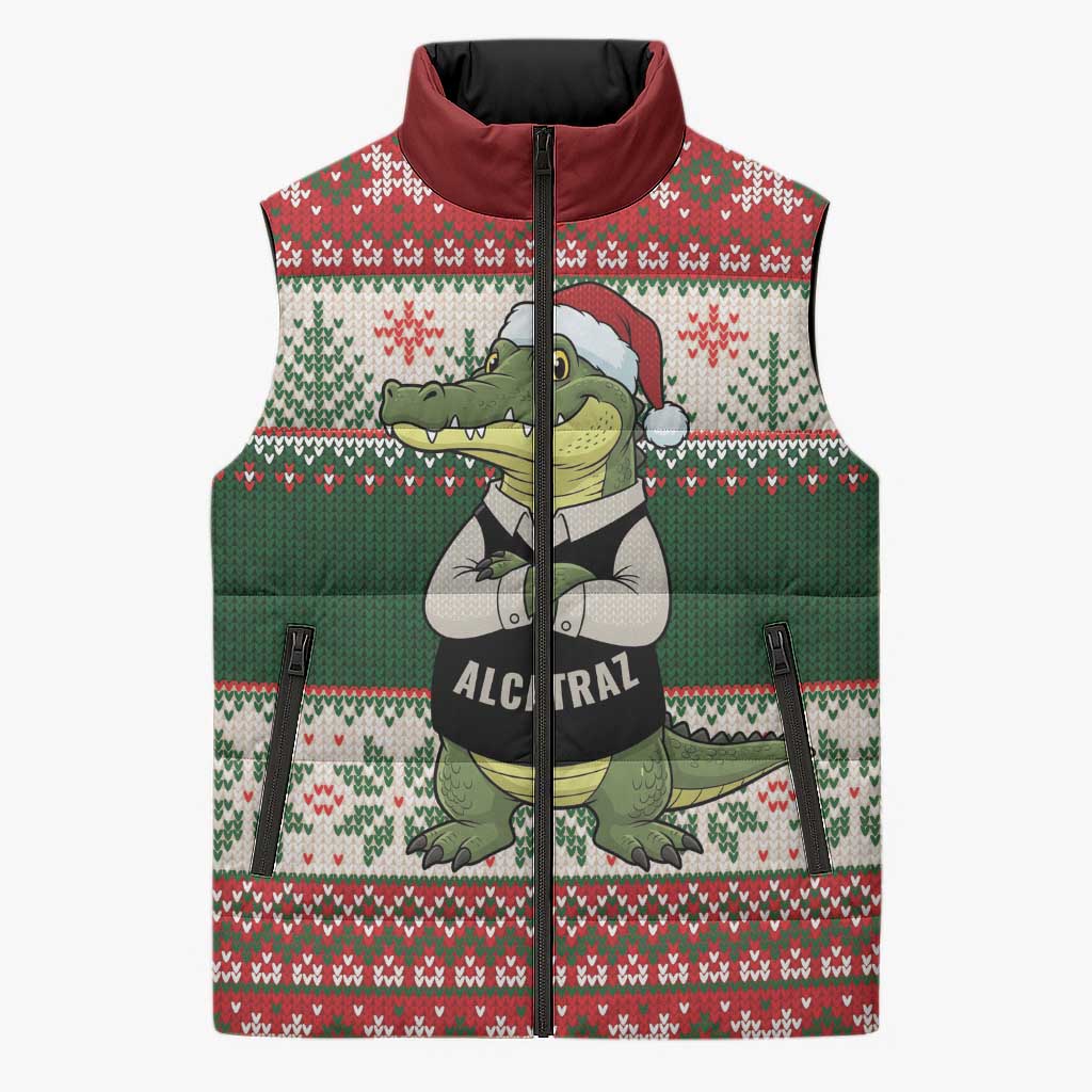 Funny Christmas Alligator Santa Sleeveless Puffer Jacket Knitted Pattern - Wonder Print Shop
