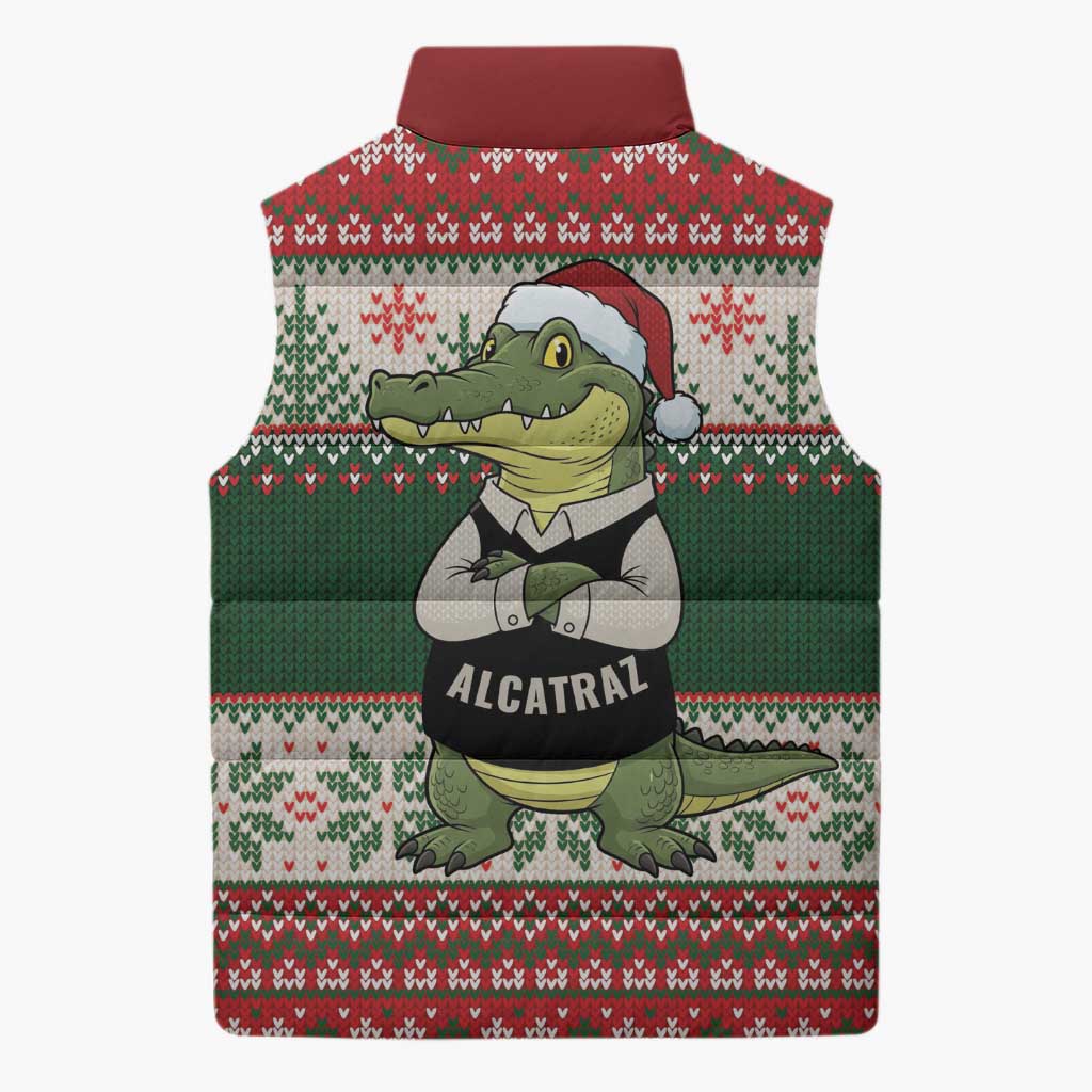 Funny Christmas Alligator Santa Sleeveless Puffer Jacket Knitted Pattern - Wonder Print Shop