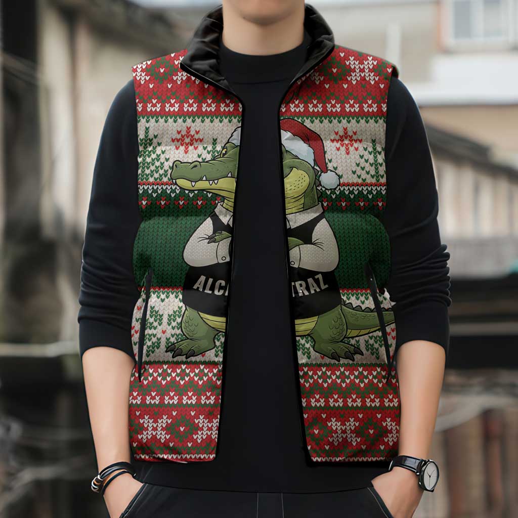 Funny Christmas Alligator Santa Sleeveless Puffer Jacket Knitted Pattern - Wonder Print Shop