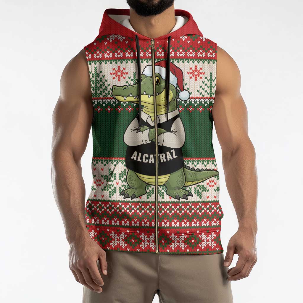 Funny Christmas Alligator Santa Sleeveless Zip Hoodie Knitted Pattern - Wonder Print Shop