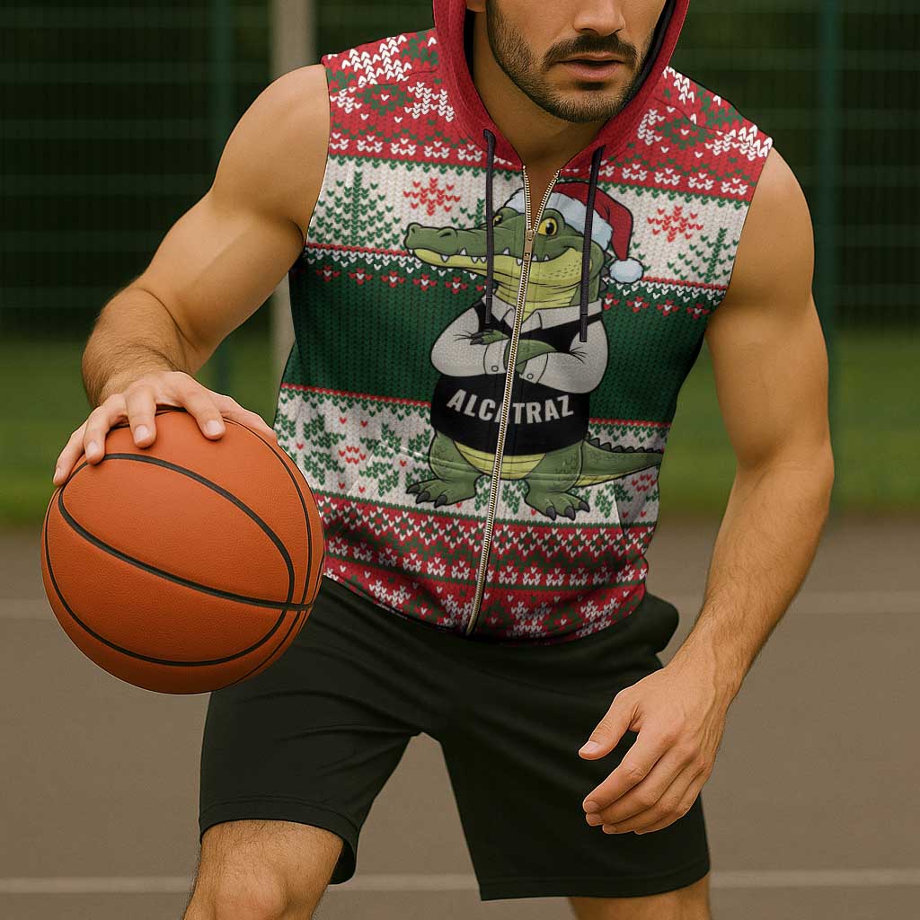 Funny Christmas Alligator Santa Sleeveless Zip Hoodie Knitted Pattern - Wonder Print Shop