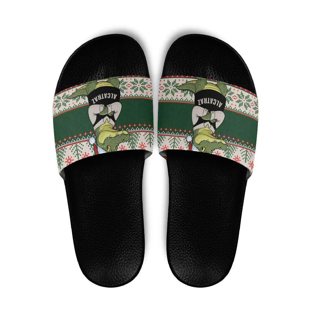 Funny Christmas Alligator Santa Slide Sandals Knitted Pattern - Wonder Print Shop