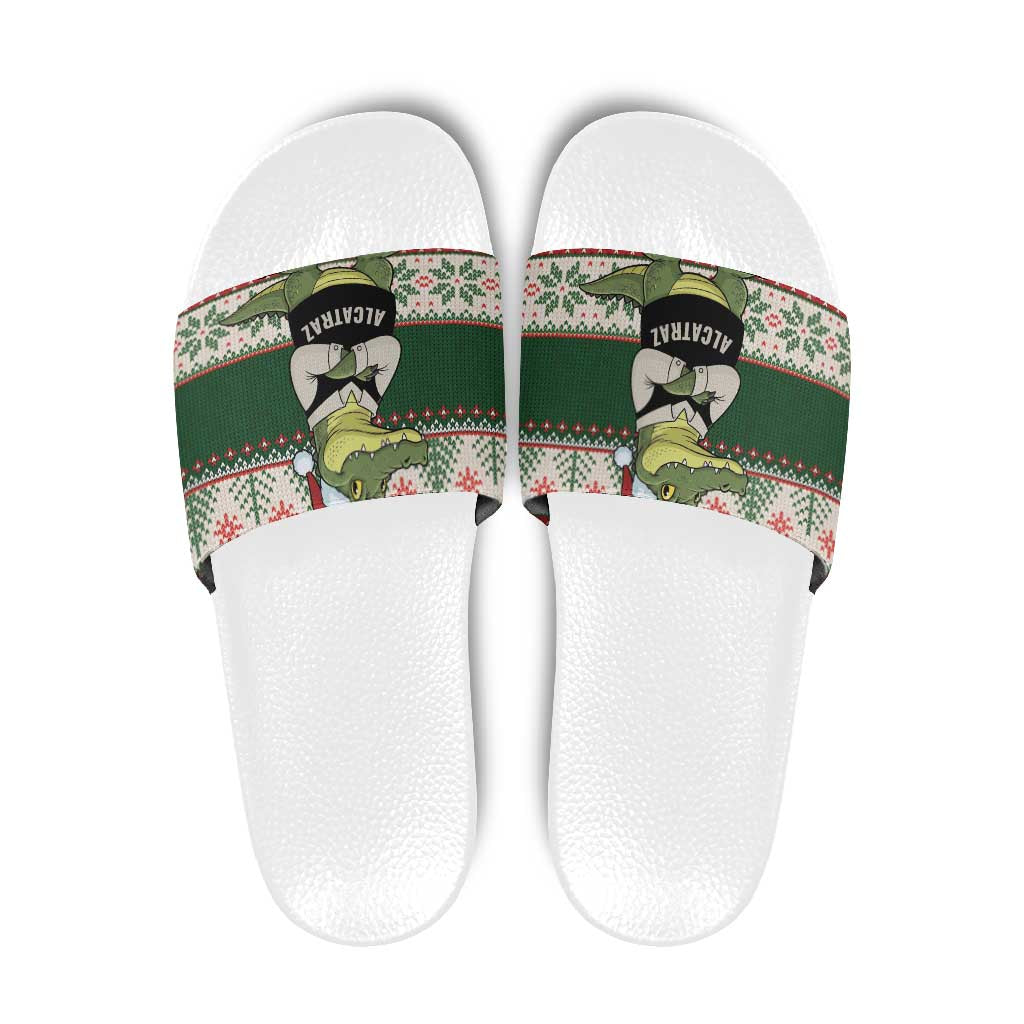 Funny Christmas Alligator Santa Slide Sandals Knitted Pattern - Wonder Print Shop