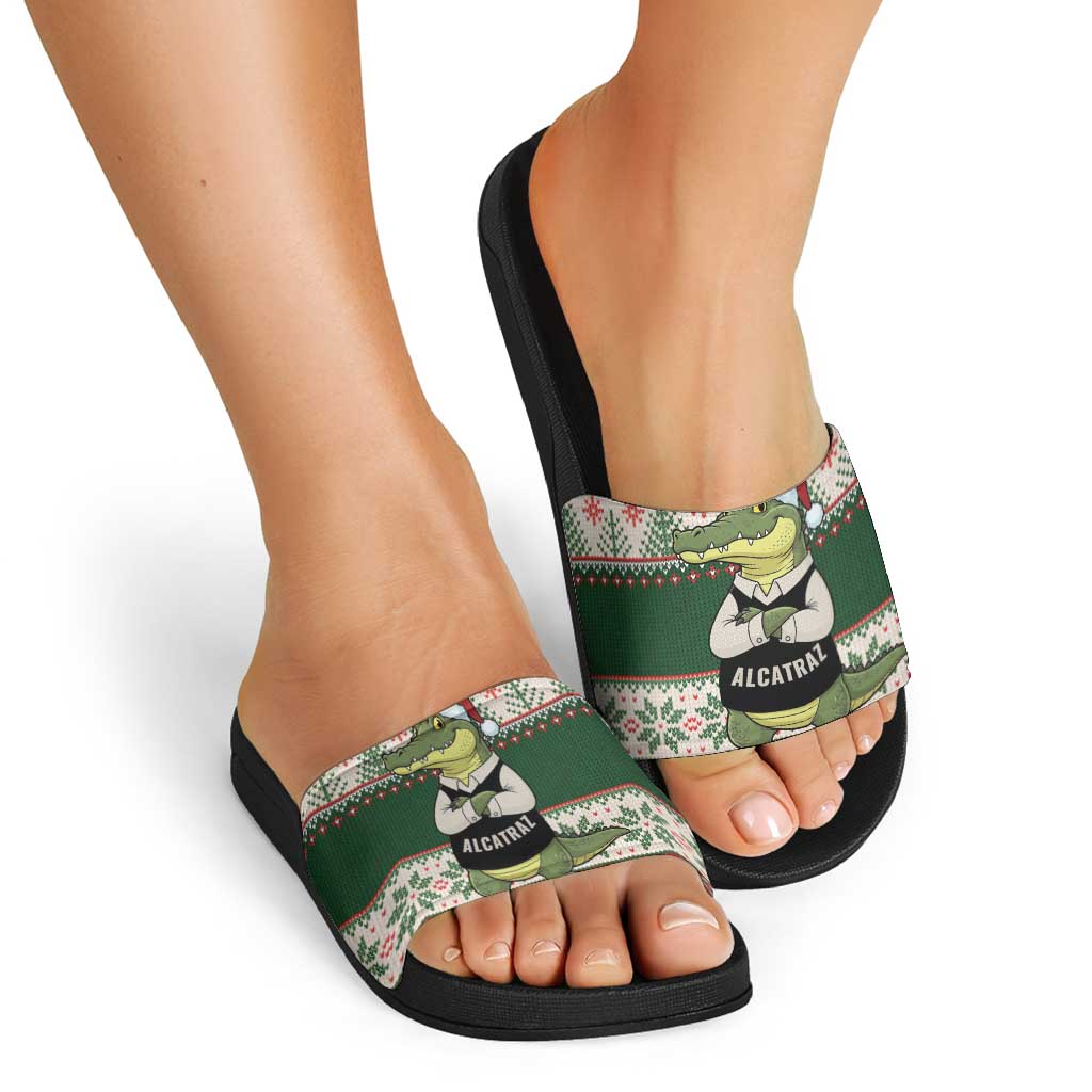 Funny Christmas Alligator Santa Slide Sandals Knitted Pattern - Wonder Print Shop