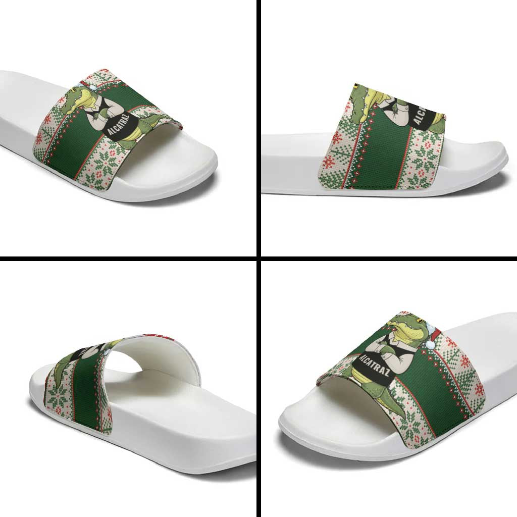 Funny Christmas Alligator Santa Slide Sandals Knitted Pattern - Wonder Print Shop