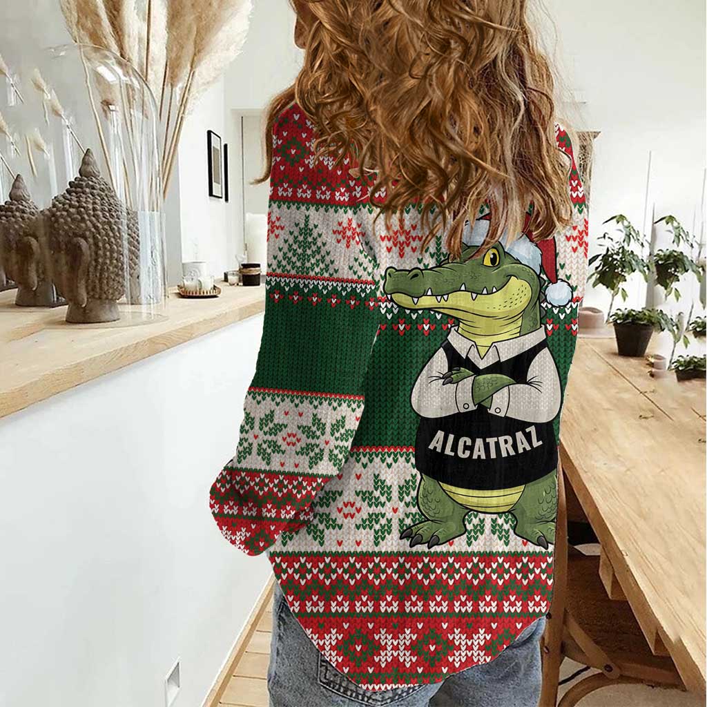 Funny Christmas Alligator Santa Women Casual Shirt Knitted Pattern - Wonder Print Shop
