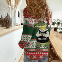 Funny Christmas Alligator Santa Women Casual Shirt Knitted Pattern - Wonder Print Shop