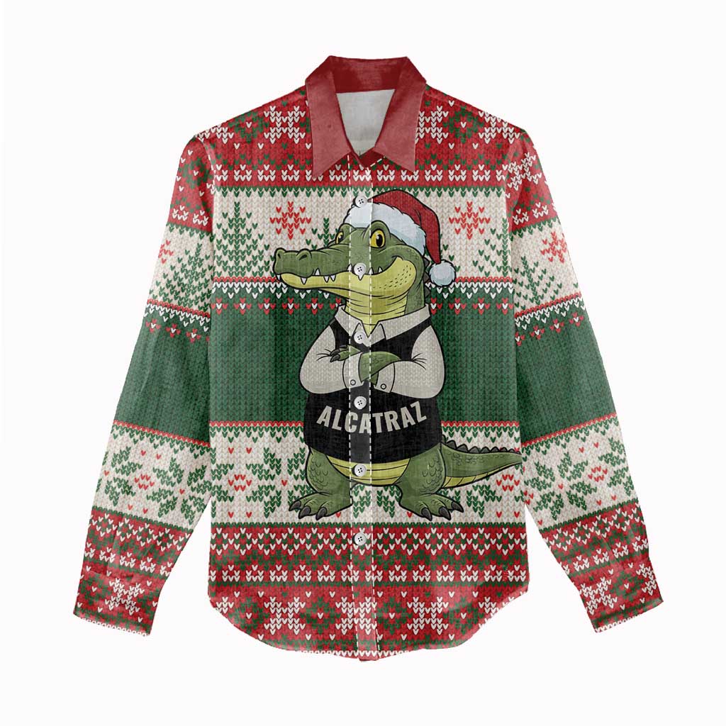 Funny Christmas Alligator Santa Women Casual Shirt Knitted Pattern - Wonder Print Shop