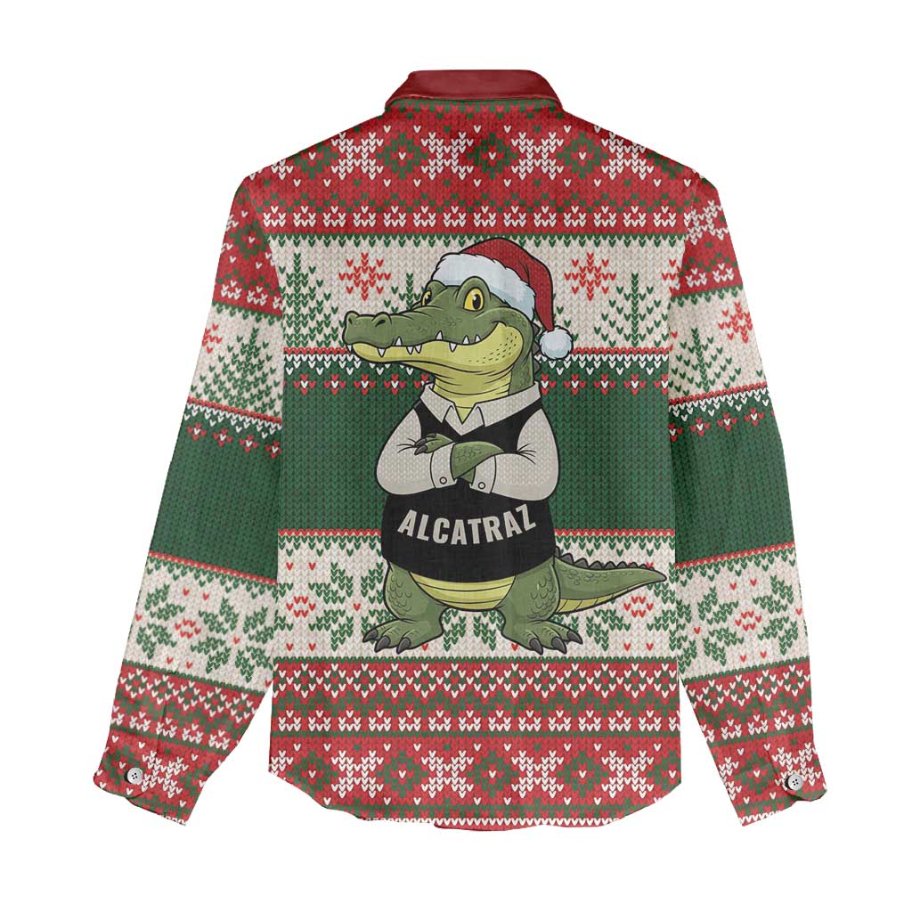 Funny Christmas Alligator Santa Women Casual Shirt Knitted Pattern - Wonder Print Shop