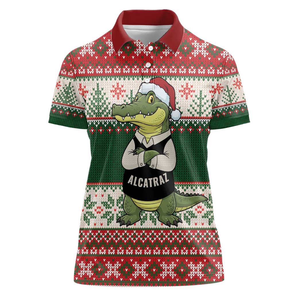 Funny Christmas Alligator Santa Women Polo Shirt Knitted Pattern - Wonder Print Shop