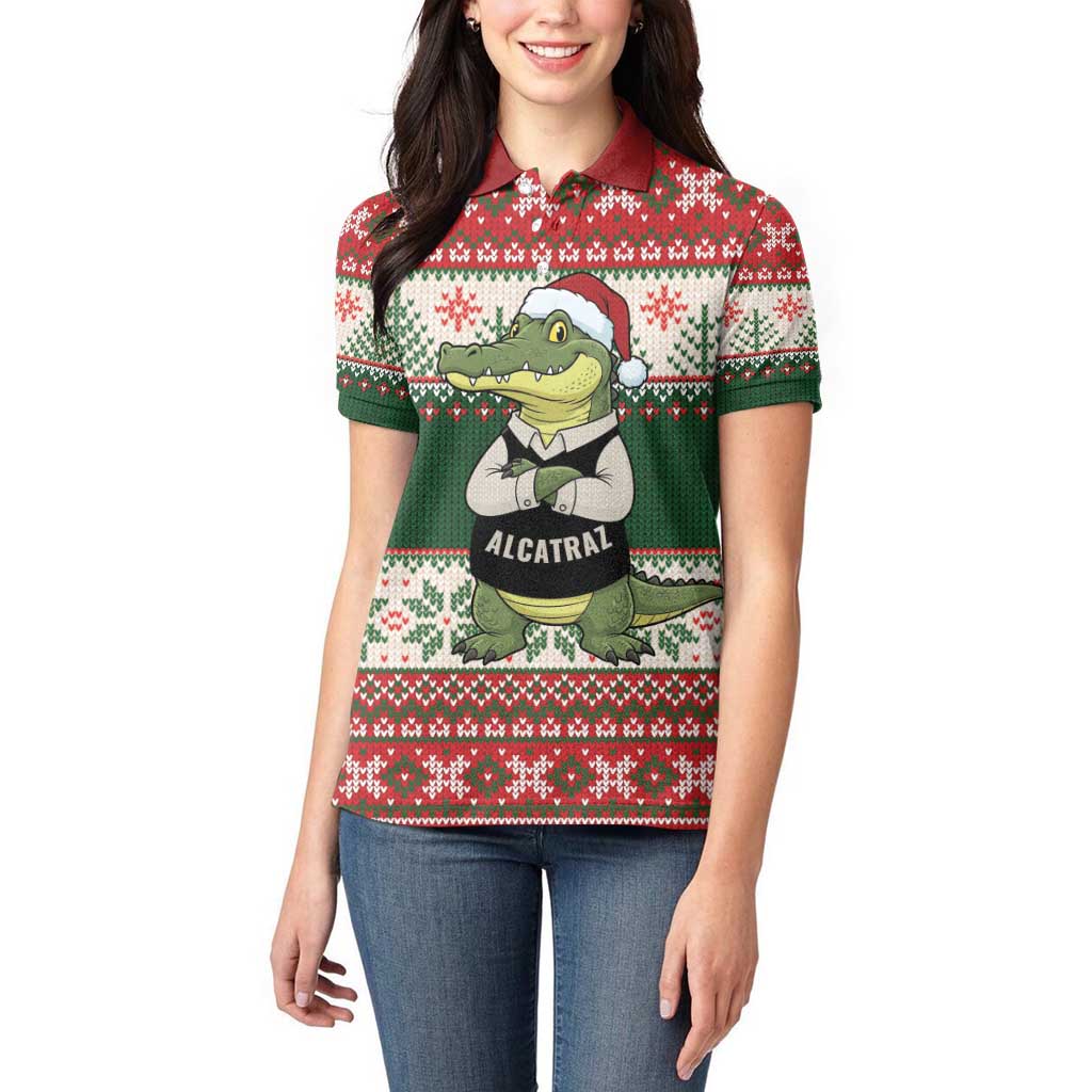 Funny Christmas Alligator Santa Women Polo Shirt Knitted Pattern - Wonder Print Shop