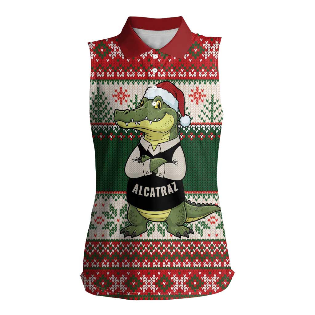 Funny Christmas Alligator Santa Women Sleeveless Polo Shirt Knitted Pattern - Wonder Print Shop