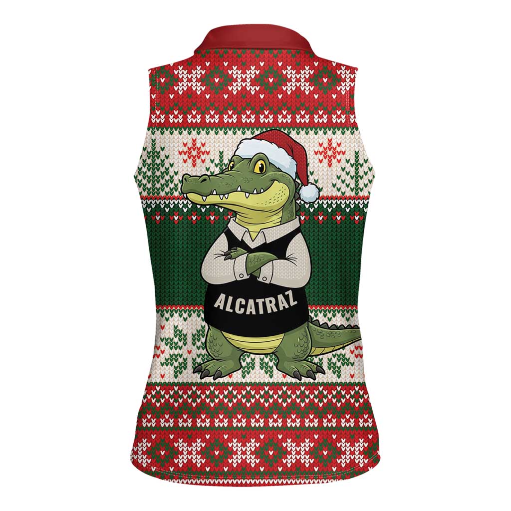 Funny Christmas Alligator Santa Women Sleeveless Polo Shirt Knitted Pattern - Wonder Print Shop