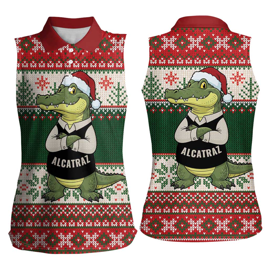 Funny Christmas Alligator Santa Women Sleeveless Polo Shirt Knitted Pattern - Wonder Print Shop