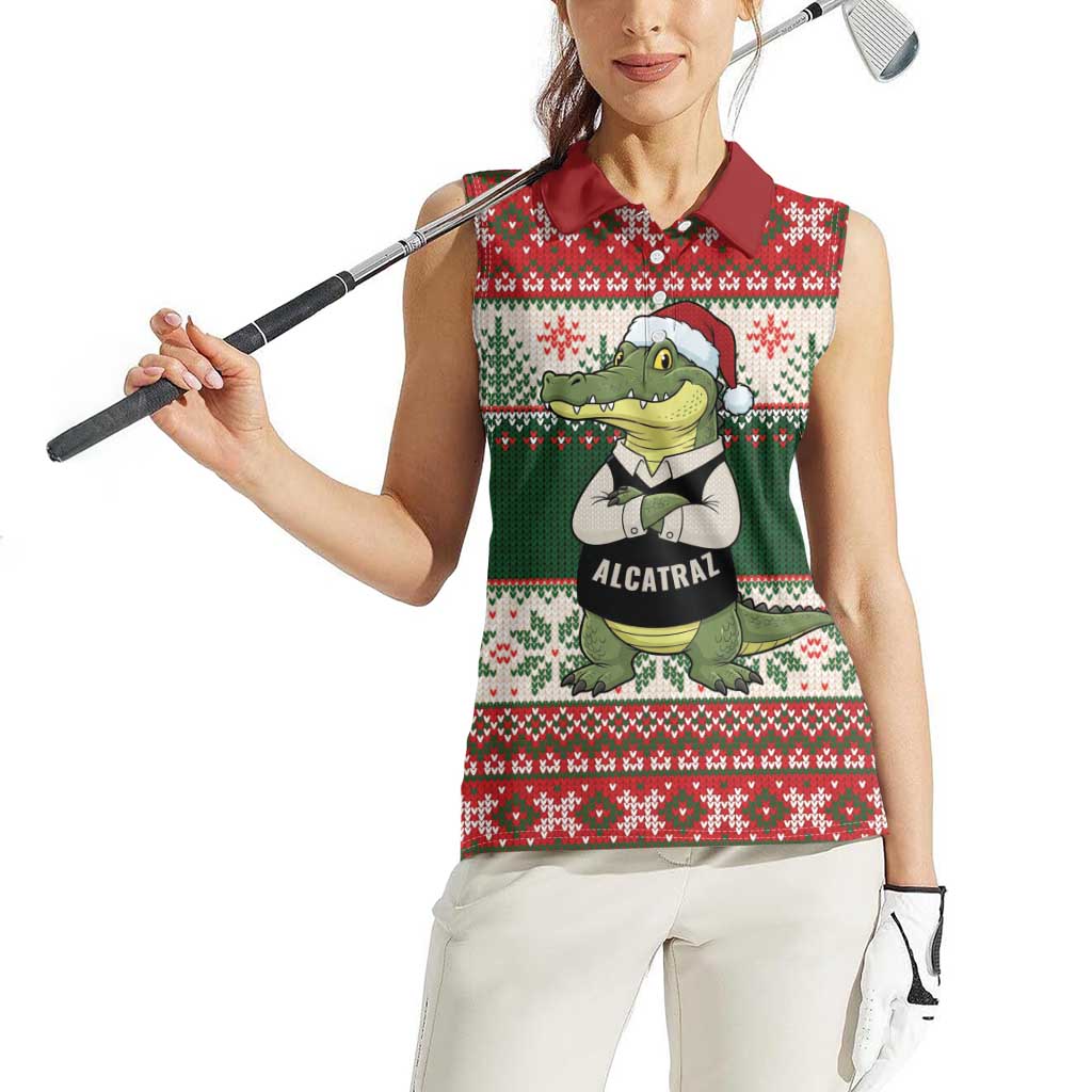 Funny Christmas Alligator Santa Women Sleeveless Polo Shirt Knitted Pattern - Wonder Print Shop