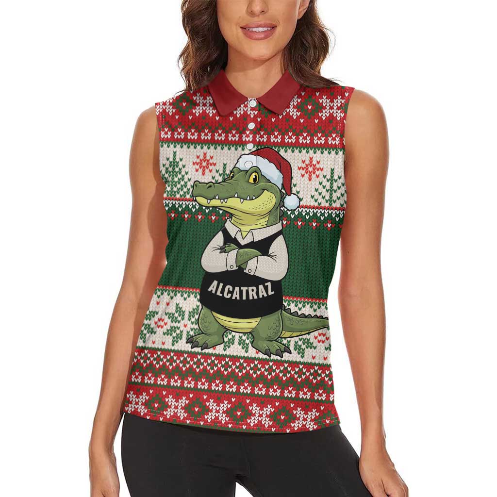 Funny Christmas Alligator Santa Women Sleeveless Polo Shirt Knitted Pattern - Wonder Print Shop