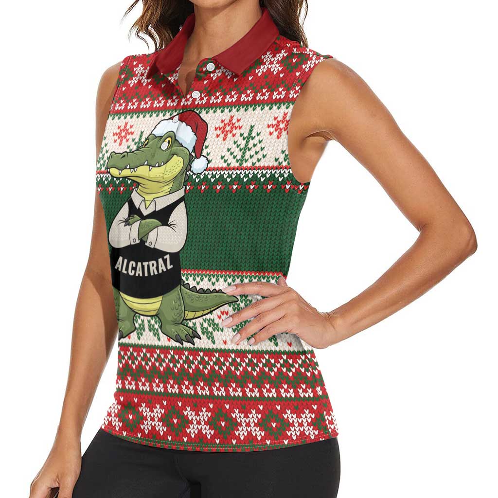Funny Christmas Alligator Santa Women Sleeveless Polo Shirt Knitted Pattern - Wonder Print Shop