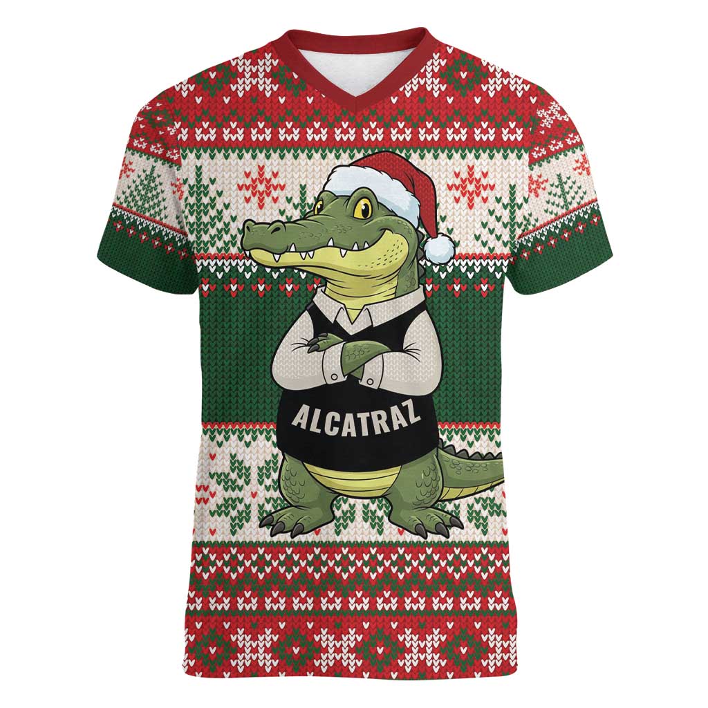 Funny Christmas Alligator Santa Women V-Neck T-Shirt Knitted Pattern - Wonder Print Shop