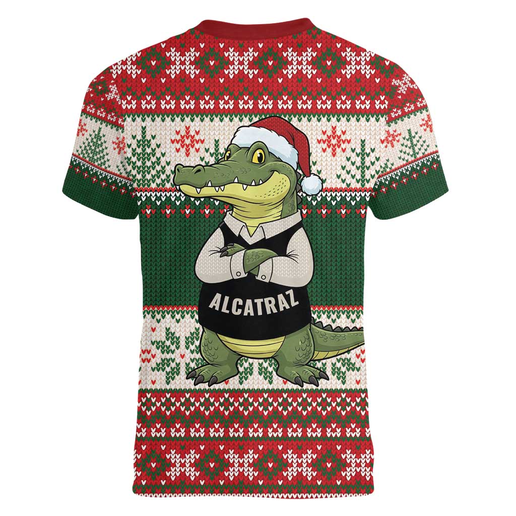 Funny Christmas Alligator Santa Women V-Neck T-Shirt Knitted Pattern - Wonder Print Shop