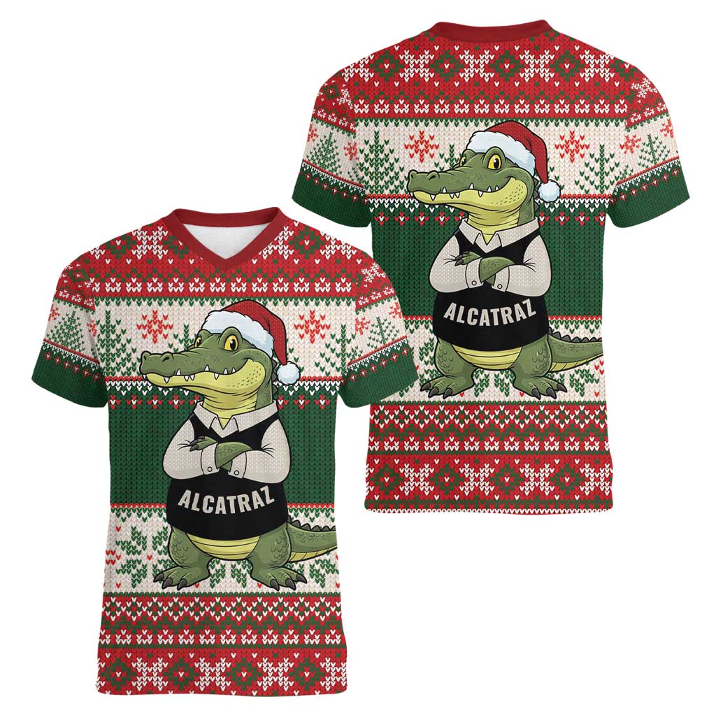 Funny Christmas Alligator Santa Women V-Neck T-Shirt Knitted Pattern - Wonder Print Shop