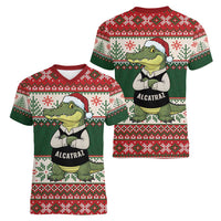 Funny Christmas Alligator Santa Women V-Neck T-Shirt Knitted Pattern - Wonder Print Shop