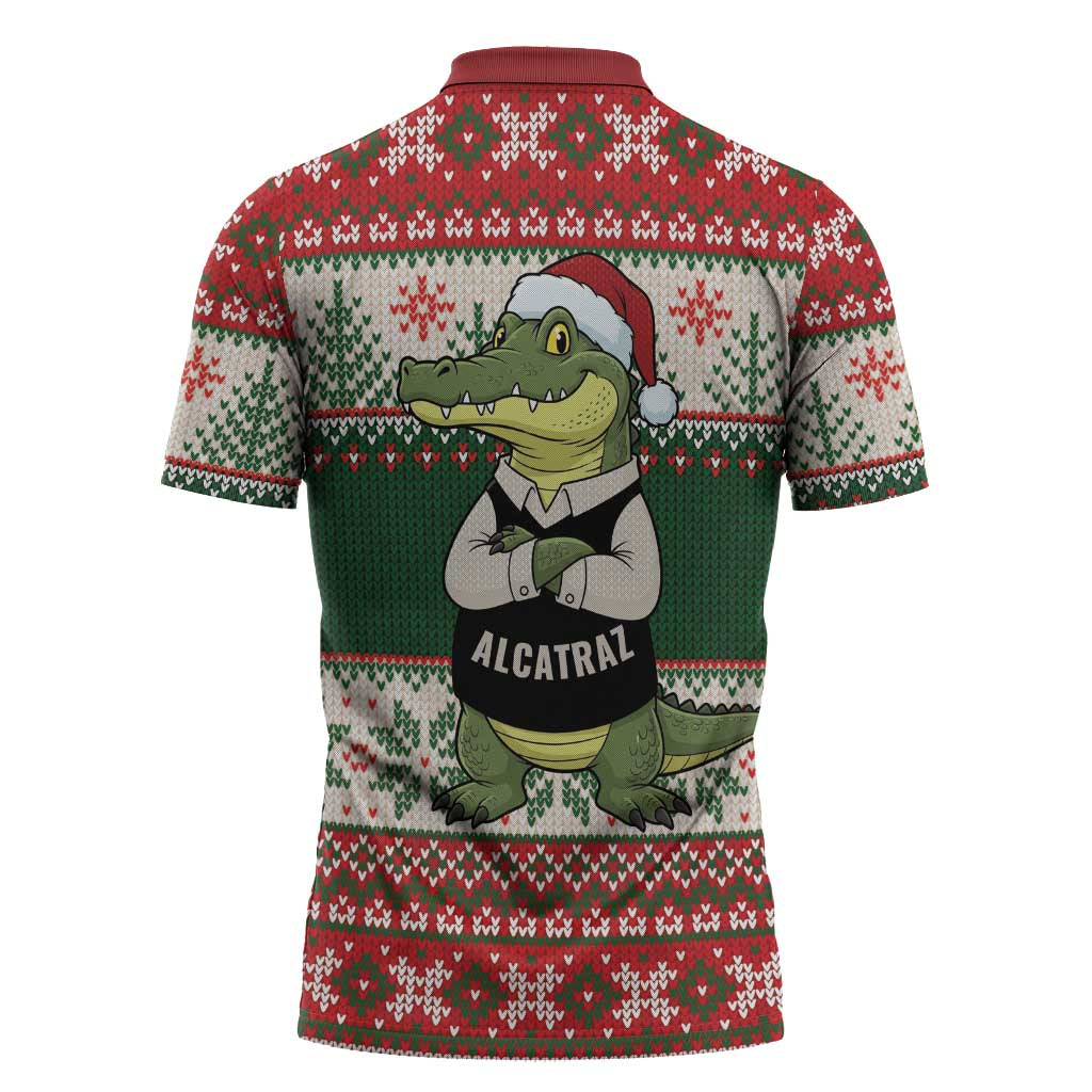 Funny Christmas Alligator Santa Zipper Polo Shirt Knitted Pattern - Wonder Print Shop