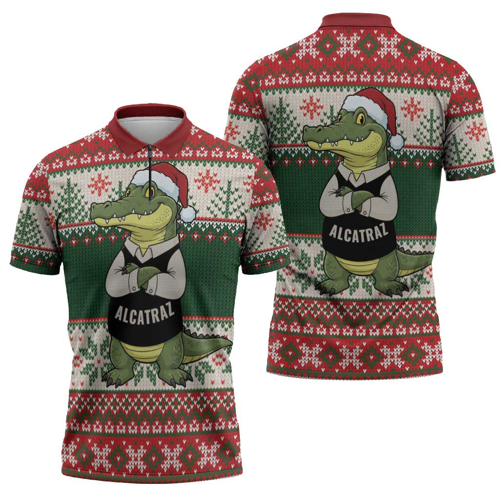 Funny Christmas Alligator Santa Zipper Polo Shirt Knitted Pattern - Wonder Print Shop