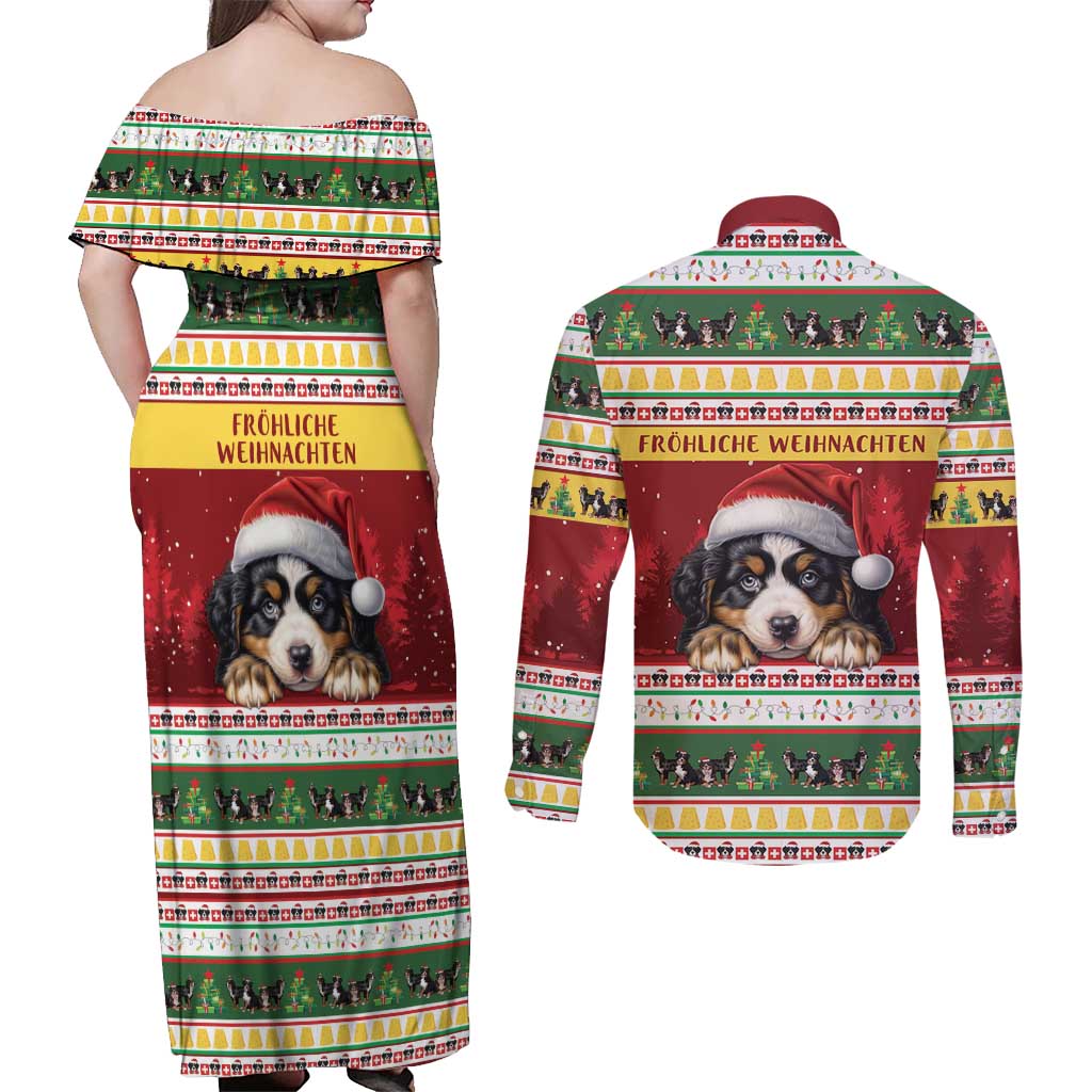 Merry Swissmas Bernese Mountain Dog Couples Matching Off Shoulder Maxi Dress and Long Sleeve Button Shirt Switzerland Christmas Pattern LT9 - Wonder Print Shop