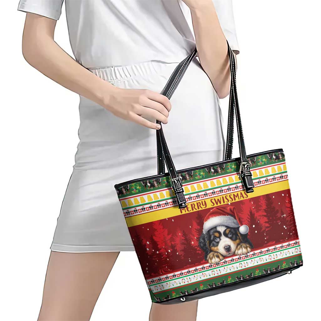 Merry Swissmas Bernese Mountain Dog Leather Tote Bag Switzerland Christmas Pattern - Wonder Print Shop